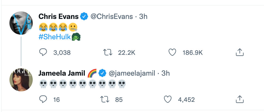 Chris Evans and Jameela Jamil on Twitter