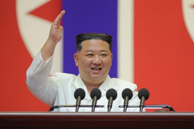 <p>North Korea’s leader Kim Jong-un giving a speech to congratulate members of the military medical department of the Korean People’s Army for contributing to the prevention of the spread of Covid-19 </p>