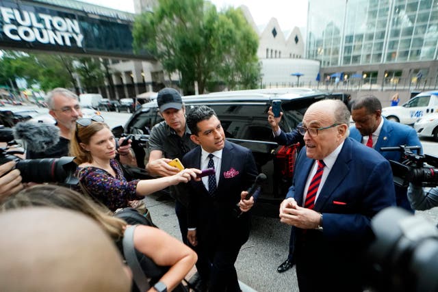 <p>Rudy Giuliani arrives at the Fulton County Courthouse on 17 August 2022 in Atlanta</p>
