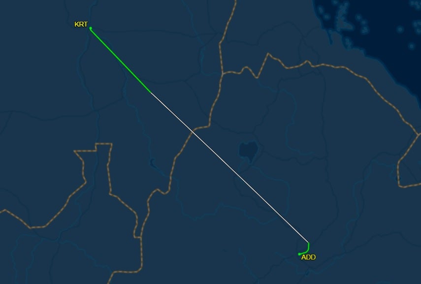 Ordinary flight path of the route from Khartoum to Addis Ababa as seen on 14 August. FlightAware showed flights from other days, except 15 August, had similar routes