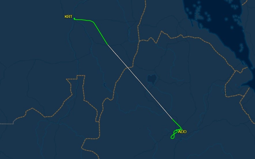 Flight path of the route from Khartoum to Addis Ababa as seen on 15 August when the flight missed landing at the airport