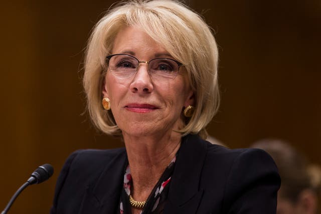 <p>U.S. Secretary of Education Betsy DeVos testifies during a Senate Labor, Health and Human Services, Education and Related Agencies Subcommittee discussing proposed budget estimates and justification for FY2020 for the Education Department on March 28, 2019 in Washington, DC</p>