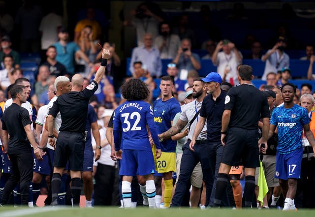 <p>Thomas Tuchel, right of centre, is pulled back from confrontation with Antonio Conte after Chelsea’s 2-2 draw with Tottenham</p>