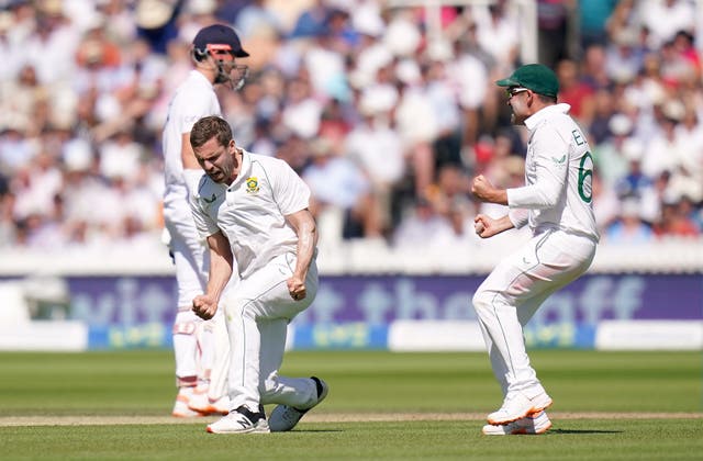South Africa quick Anrich Nortje celebrates claiming a wicket in the first Test at Lord’s (Adam Davy/PA)