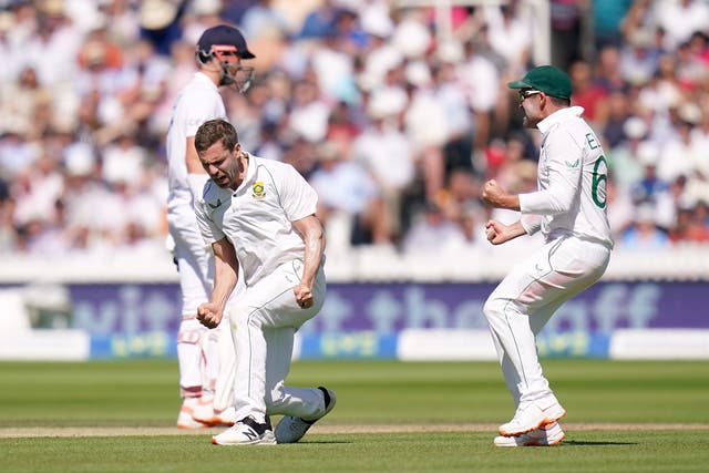 South Africa quick Anrich Nortje celebrates claiming a wicket in the first Test at Lord’s (Adam Davy/PA)