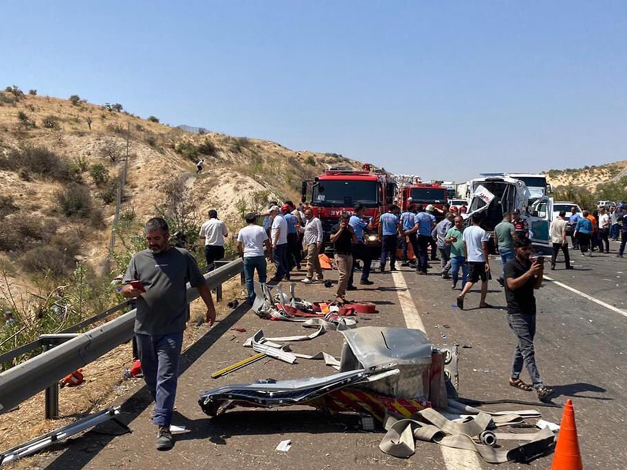 The scene of the crash, between Gaziantep and Nizip, close to Turkey’s border with Syria, where a bus careered into emergency services vehicles