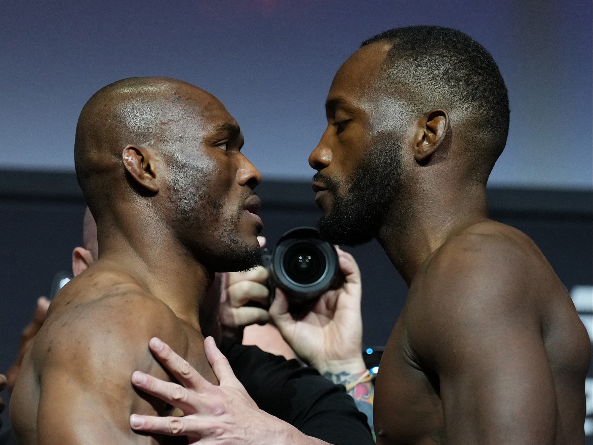 Leon Edwards (right) and Kamaru Usman ahead of their 2022 clash