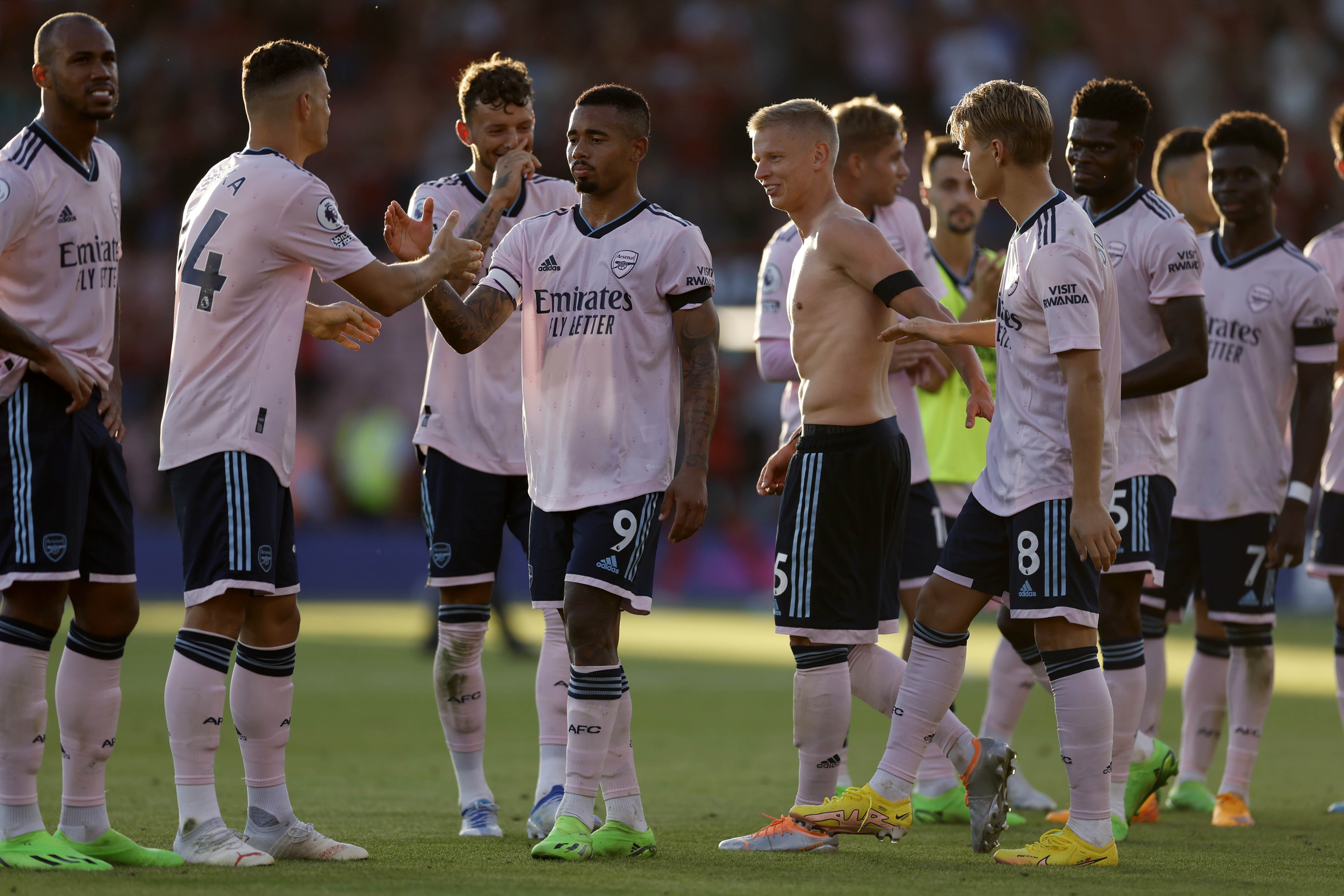 Arsenal’s Gabriel Jesus (centre) celebrates with his team mates after their 3-0 win at Bournemouth took them top of the Premier League (Steven Paston/PA)