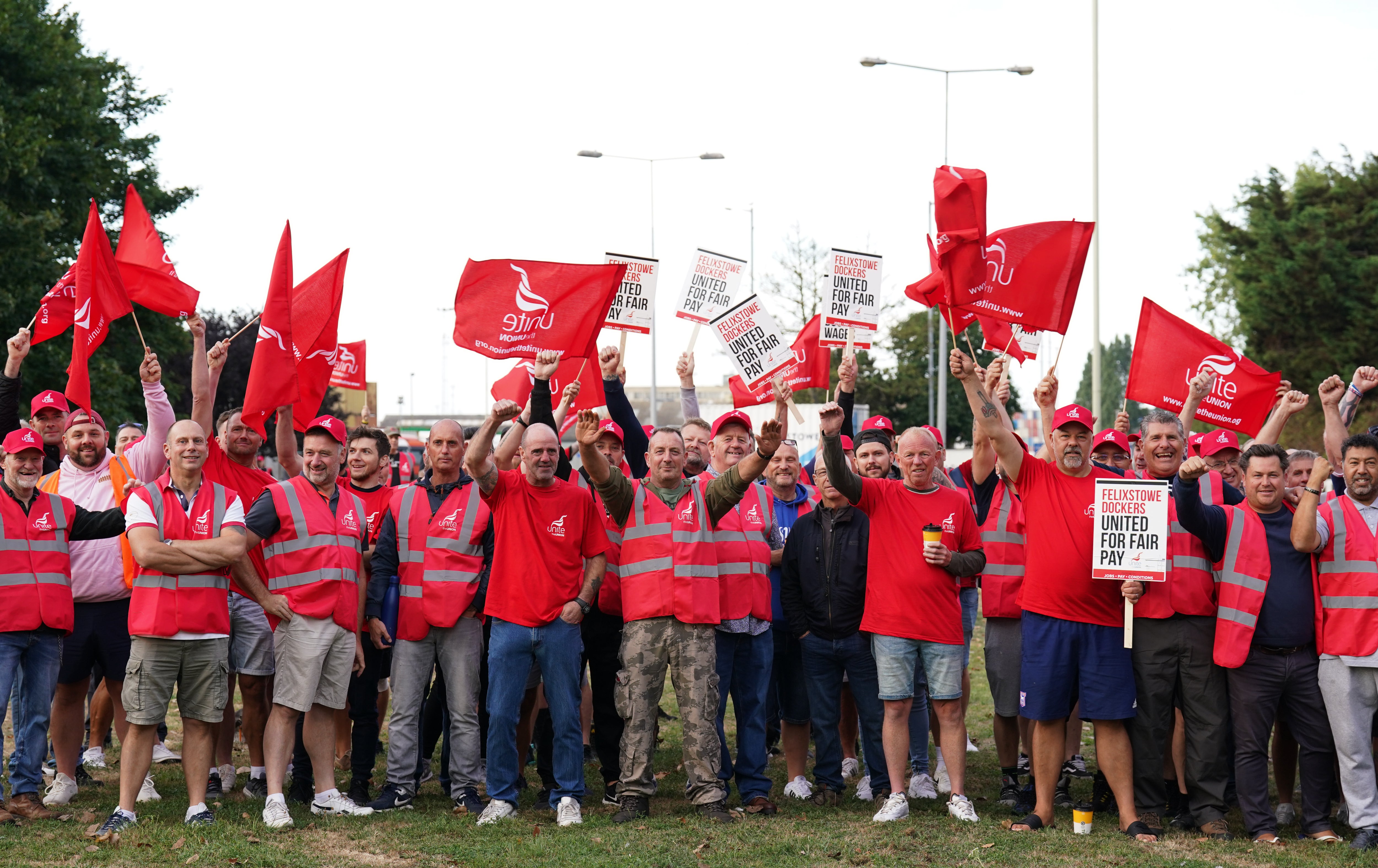 Members of the Unite union on a picket line at one of the entrances to the Port of Felixstowe