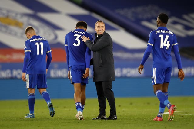 Leicester manager Brendan Rodgers, centre right, and Wesley Fofana, centre left (Andrew Boyers/PA)