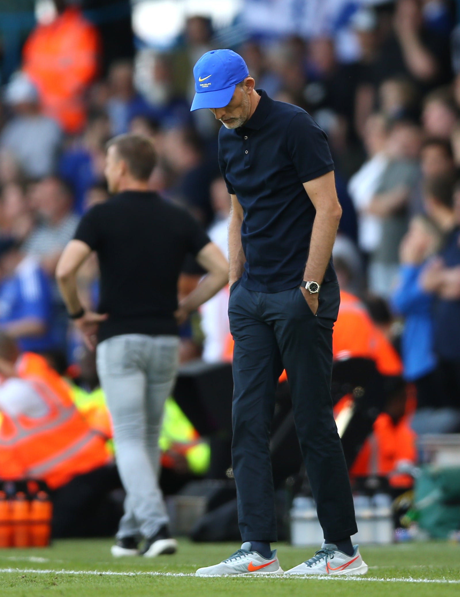 Chelsea manager Thomas Tuchel appears dejected following his side’s 3-0 defeat at Leeds (Nigel French/PA)