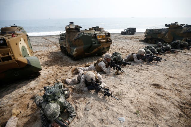 <p>US and South Korean marines participate in a joint landing operation drill in Pohang</p>