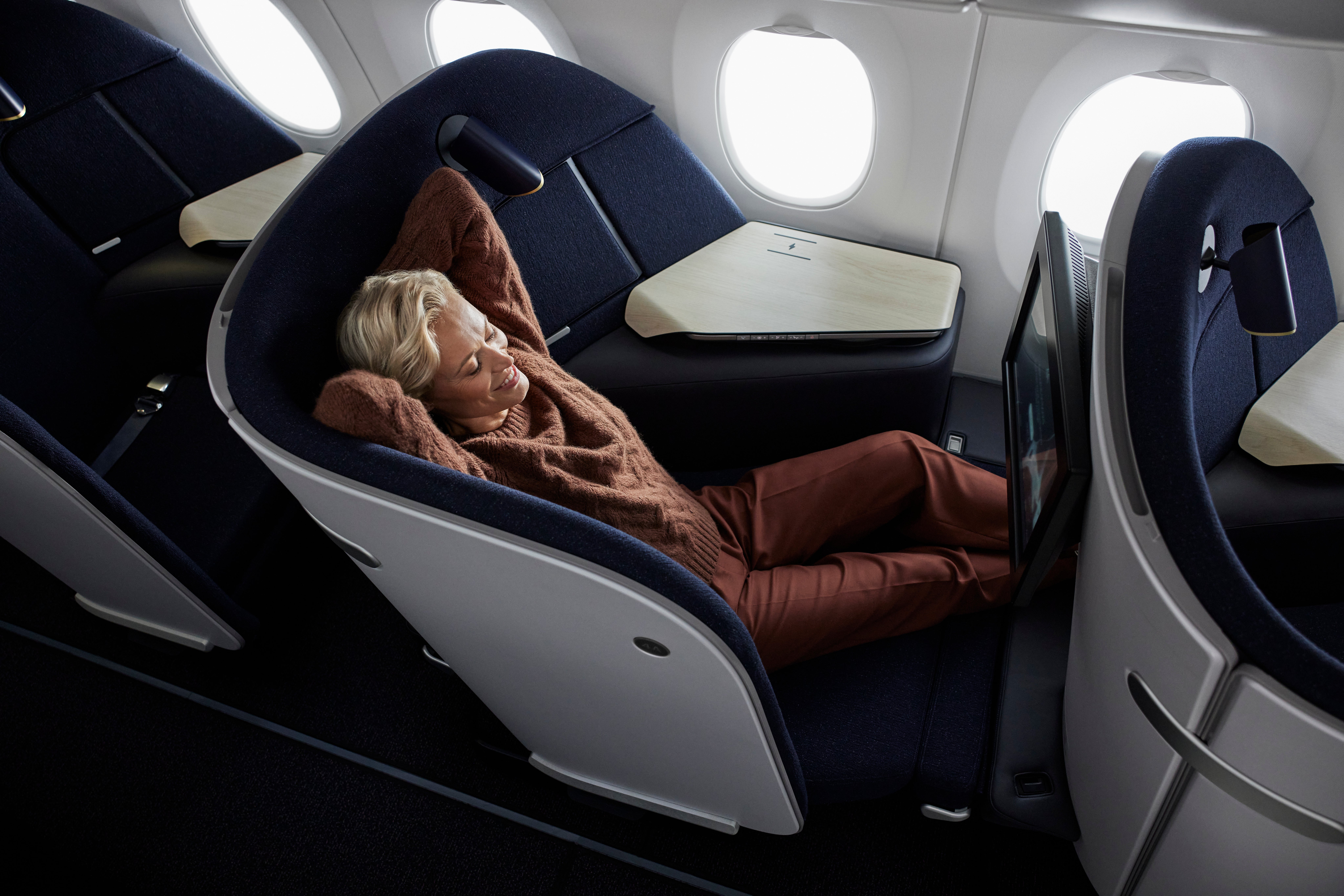Finnair says its new non-reclining business seat allows more lounge-like space to get comfortable