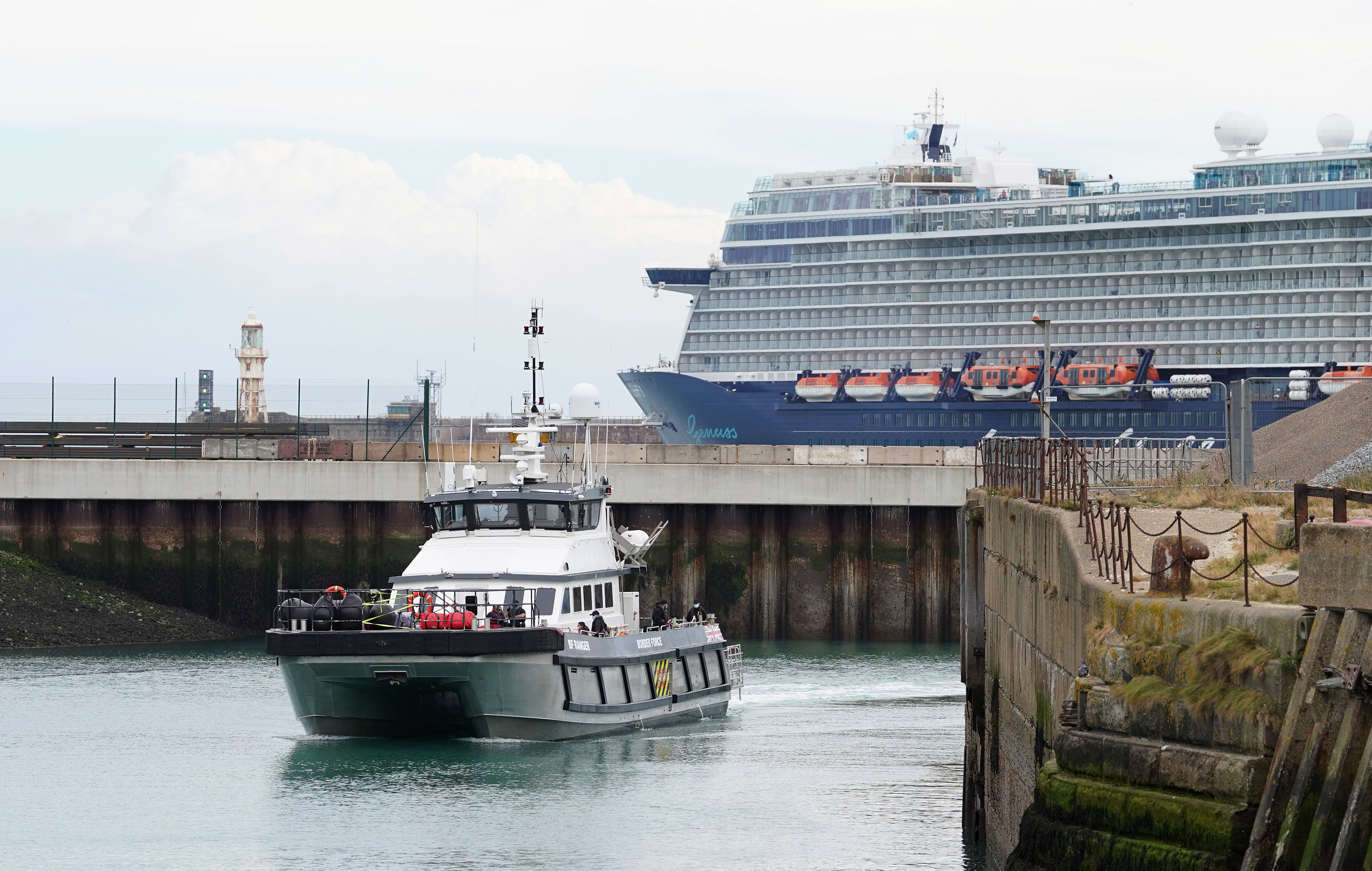 A Border Force vessel carrying a group of people thought to be migrants arrives in Dover, Kent, following a small boat incident in the Channel. Picture date: Monday August 22, 2022. (Gareth Fuller/PA)