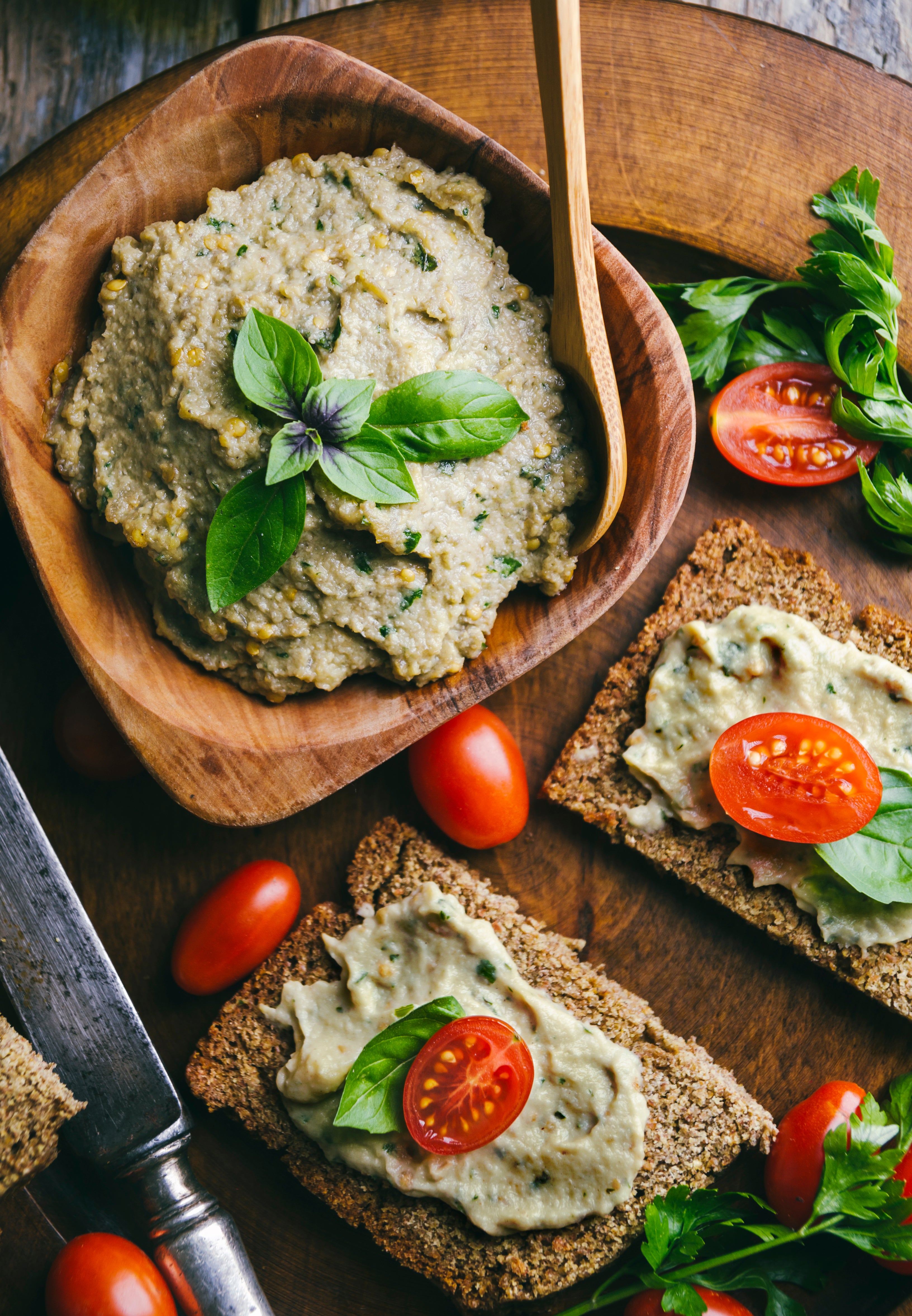 Buy fresh lavash or pita at a local market to enjoy this delicious aubergine spread and Turkish-style tomato salad