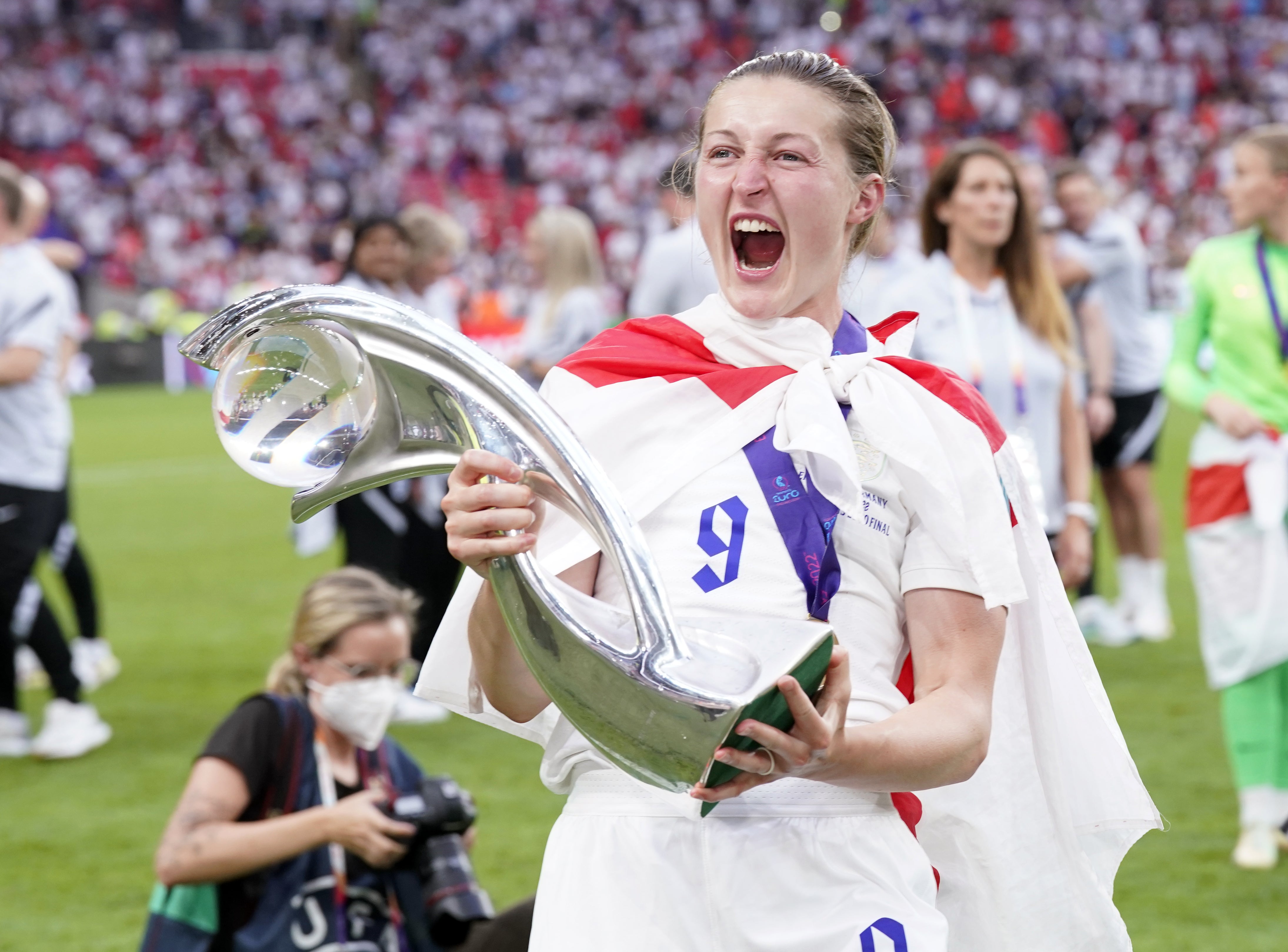 England’s Ellen White with the trophy following victory over Germany in the final of Euro 2022 (Danny Lawson/PA)