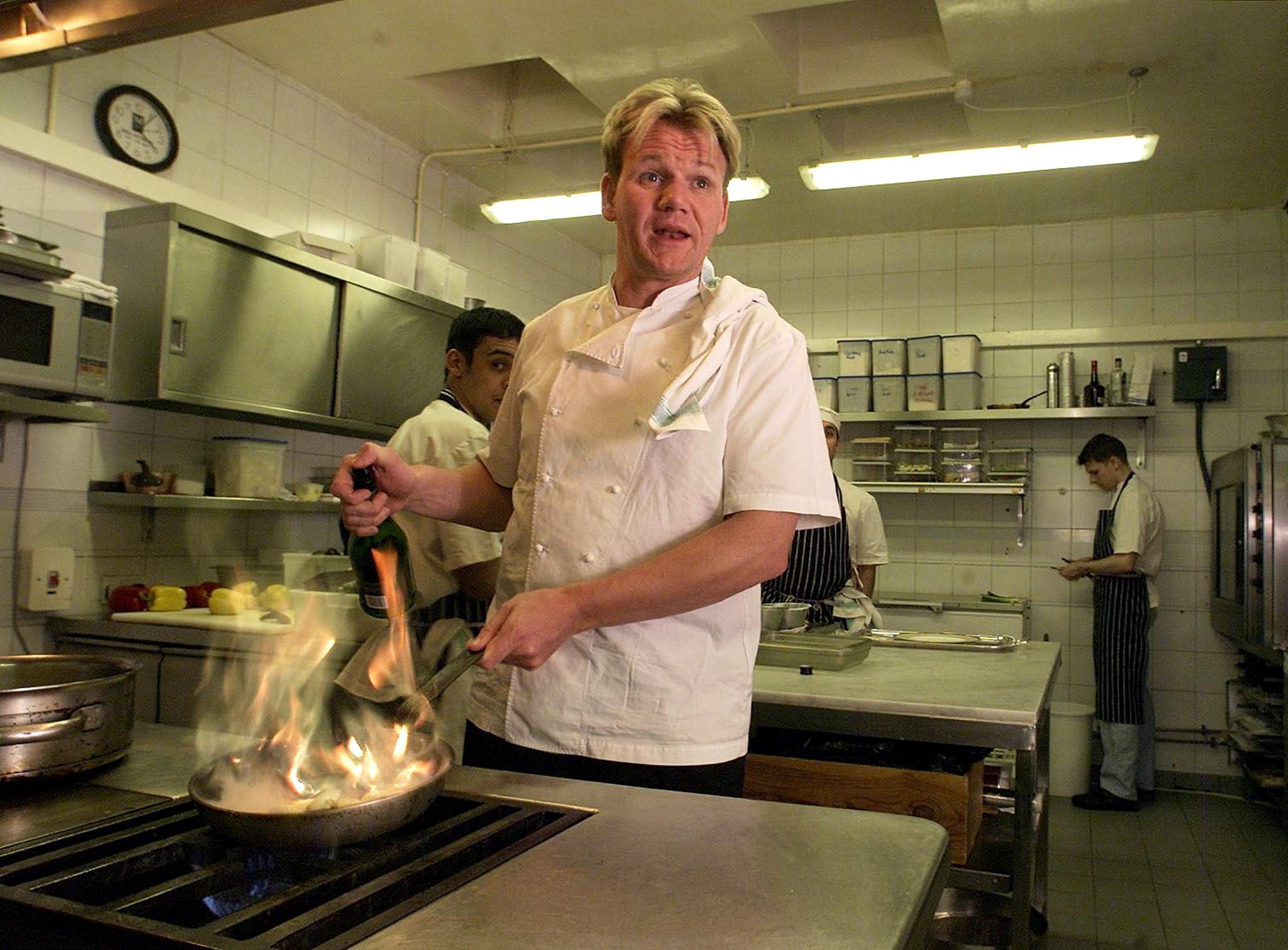 British Chef Gordon Ramsay inside the kitchen of his Chelsea restaurant on 19 January 2001, after being awarded three Michelin stars