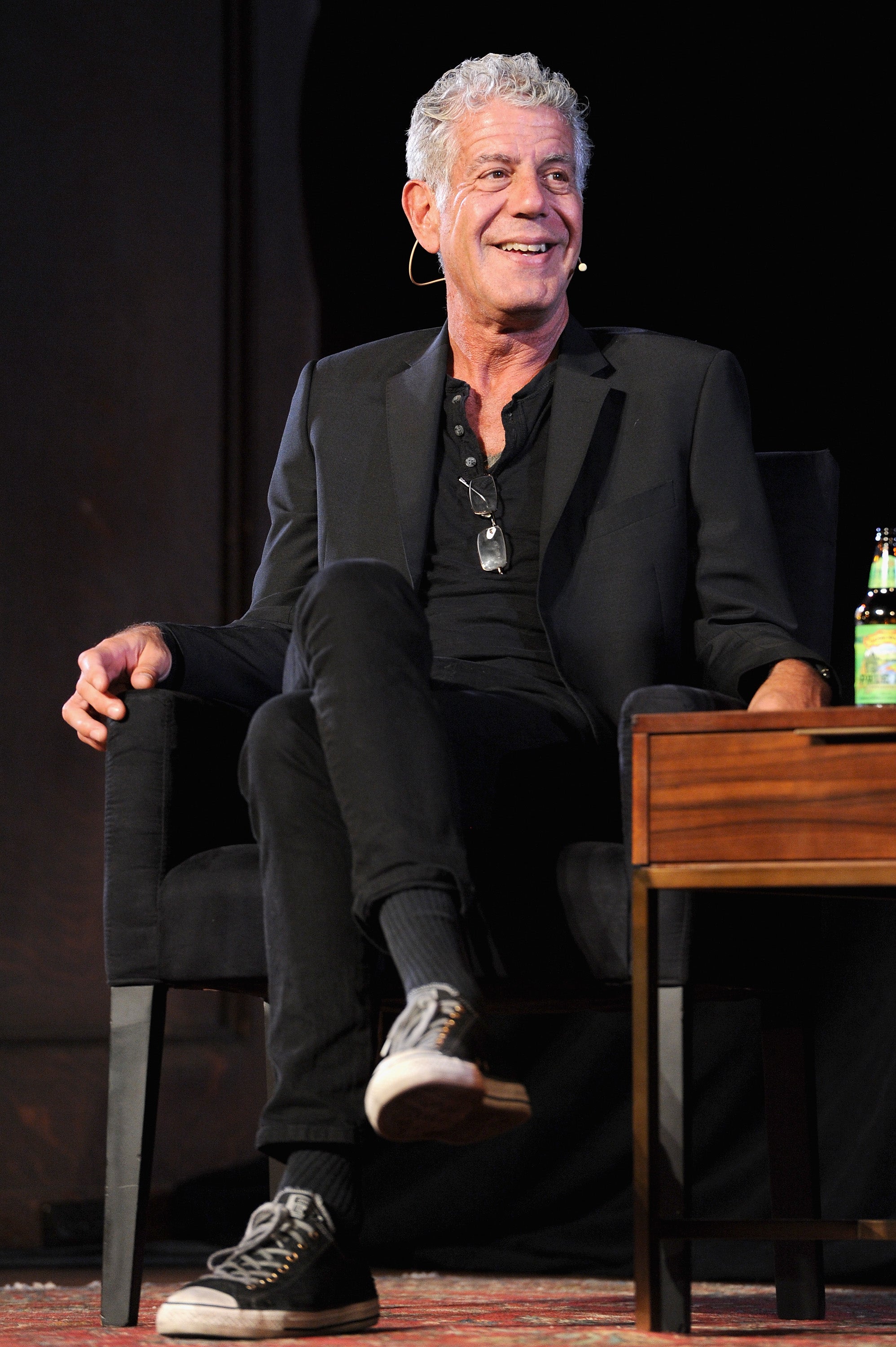 Chef Anthony Bourdain speaks onstage during a panel with Patrick Radden Keefe at the New York Society for Ethical Culture on 7 October 2017 in New York City
