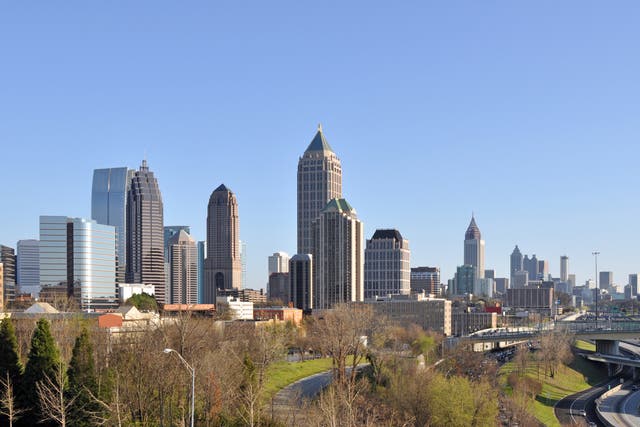 <p>A view of the skyline of Atlanta, Georgia with midtown in the foreground and downtown in the background.</p>