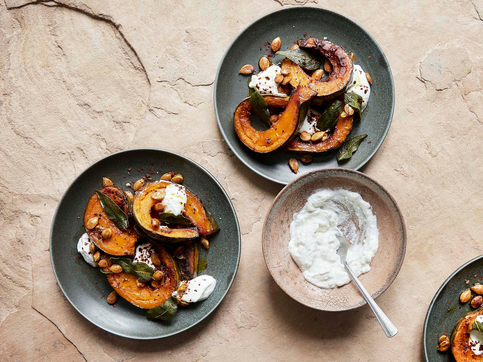 Sweet, buttery pumpkin flesh with roasted sage and a slick of salty curd