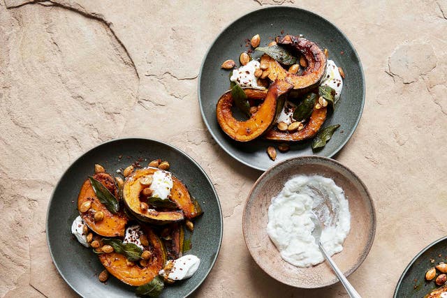 <p>Sweet, buttery pumpkin flesh with roasted sage and a slick of salty curd</p>