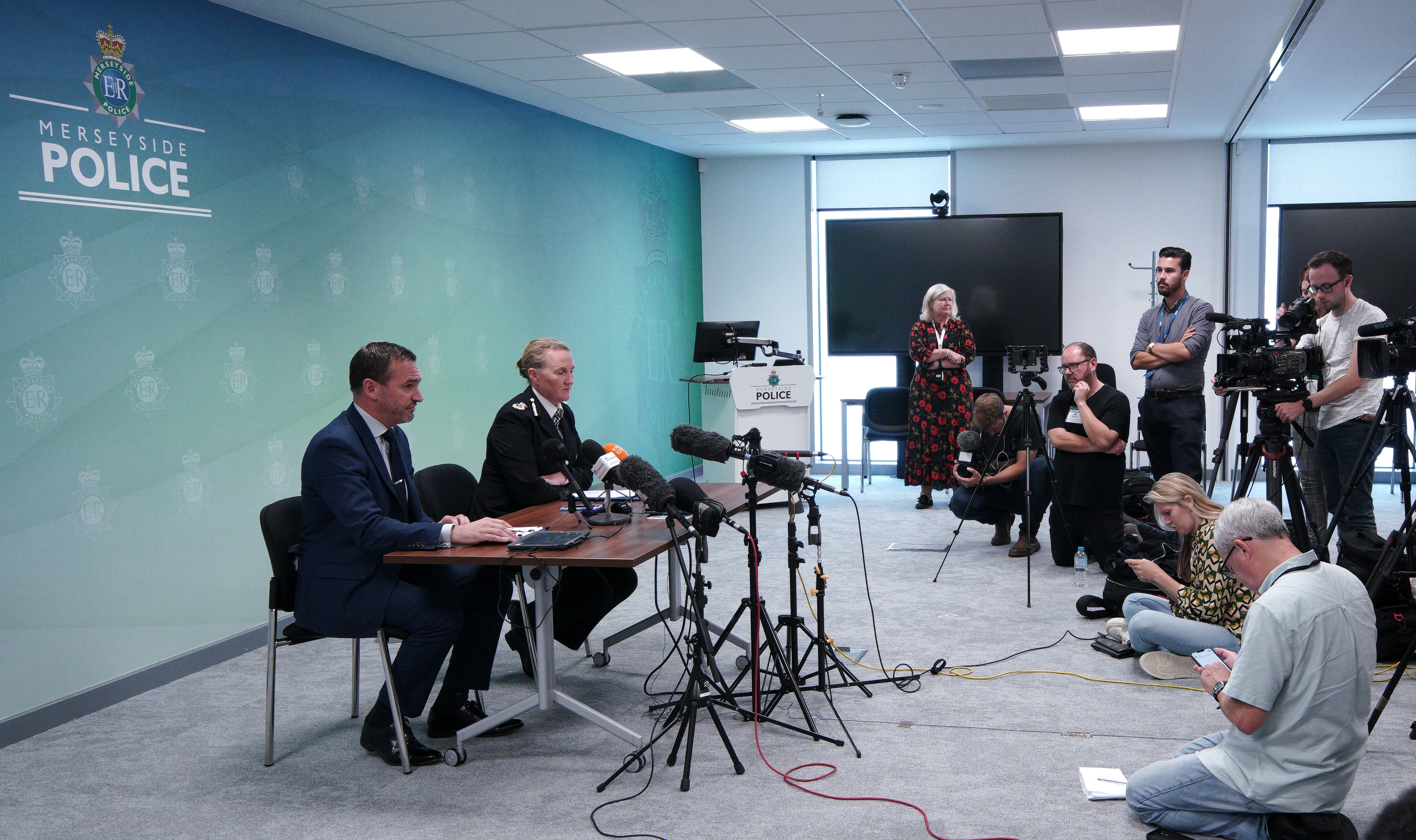 DCS Mark Kameen and Chief Constable Serena Kennedy from Merseyside Police speak to the media at force headquarters in Rose Hill (Peter Byrne/PA)