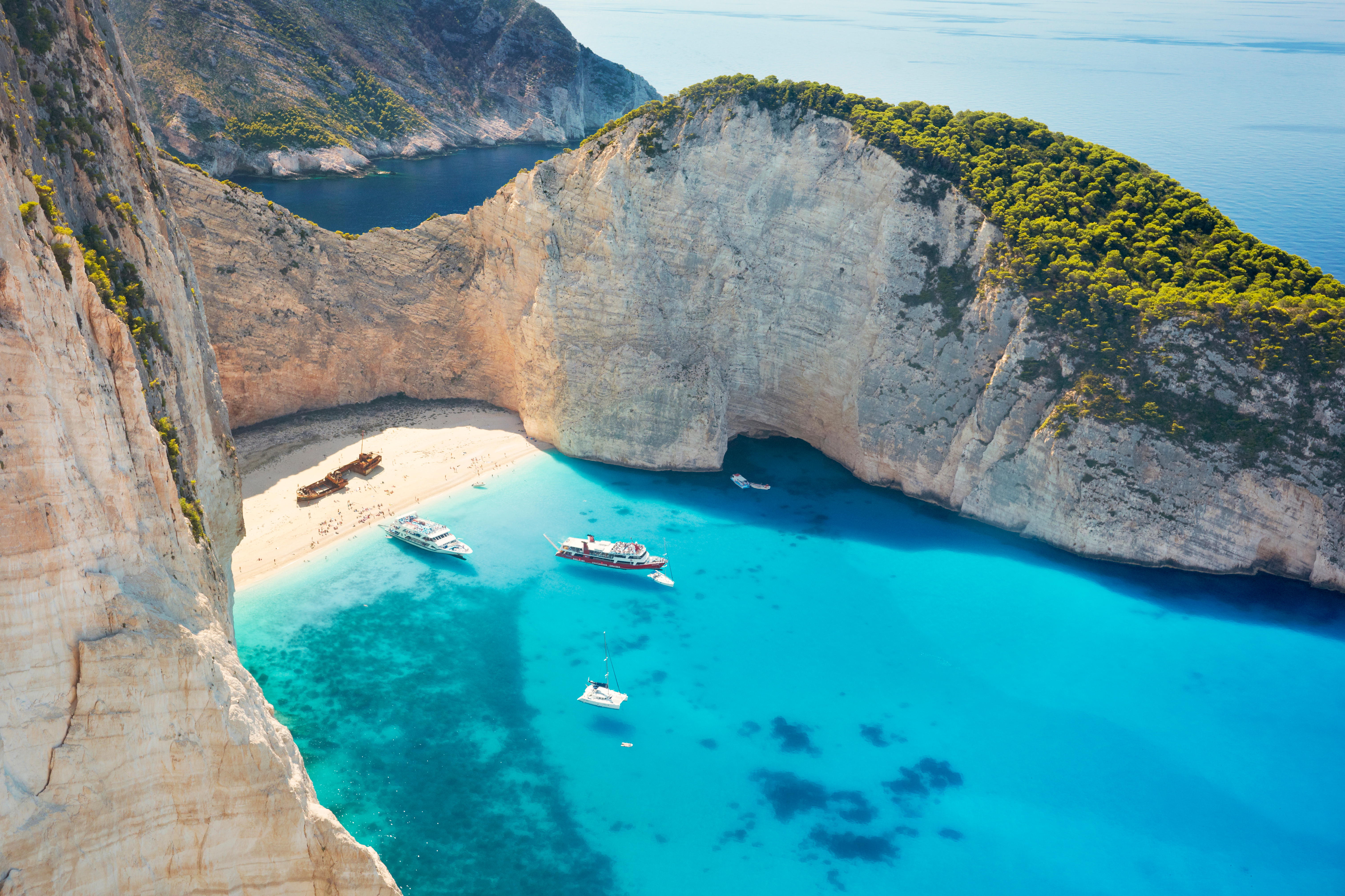 Navagio Beach, or “Shipwreck Beach” is a stunning cove in the remote northwest of Zakynthos island