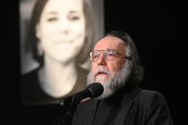 <p>Alexander Dugin speaks at the farewell ceremony for his daughter </p>