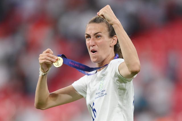 <p>Jill Scott celebrates after England’s 2-1 win over Germany in the Uefa Women's Euro 2022 final at Wembley Stadium on 31 July</p>