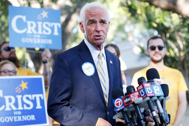 <p>Florida Gubernatorial candidate Rep. Charlie Crist (D-FL) speaks to the media before casting his vote in the primary election at The Gathering Church on August 23, 2022 in St Petersburg, Florida</p>