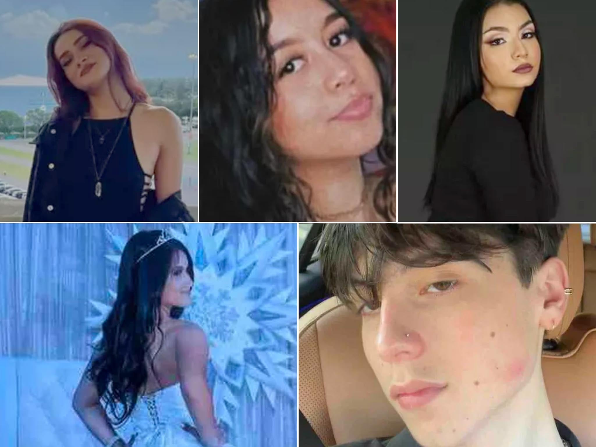 From left to right: Valeria Pena, Valeria Caceres, Daniela Marcano, Briana Pacalagua and Giancarlos Arias were all killed in a car crash on a highway outside of Miami after the driver of a car going the wrong way crashed head-on with their vehicle