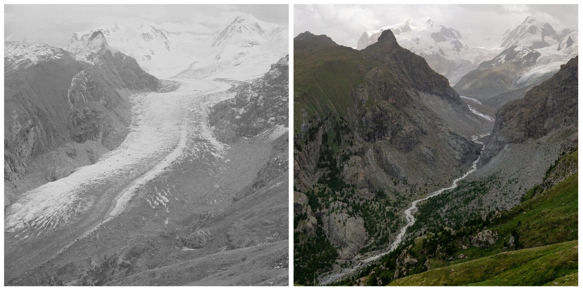 The Gorner glacier in the Swiss alps, as seen in 1930 (left) and 2022 (right)