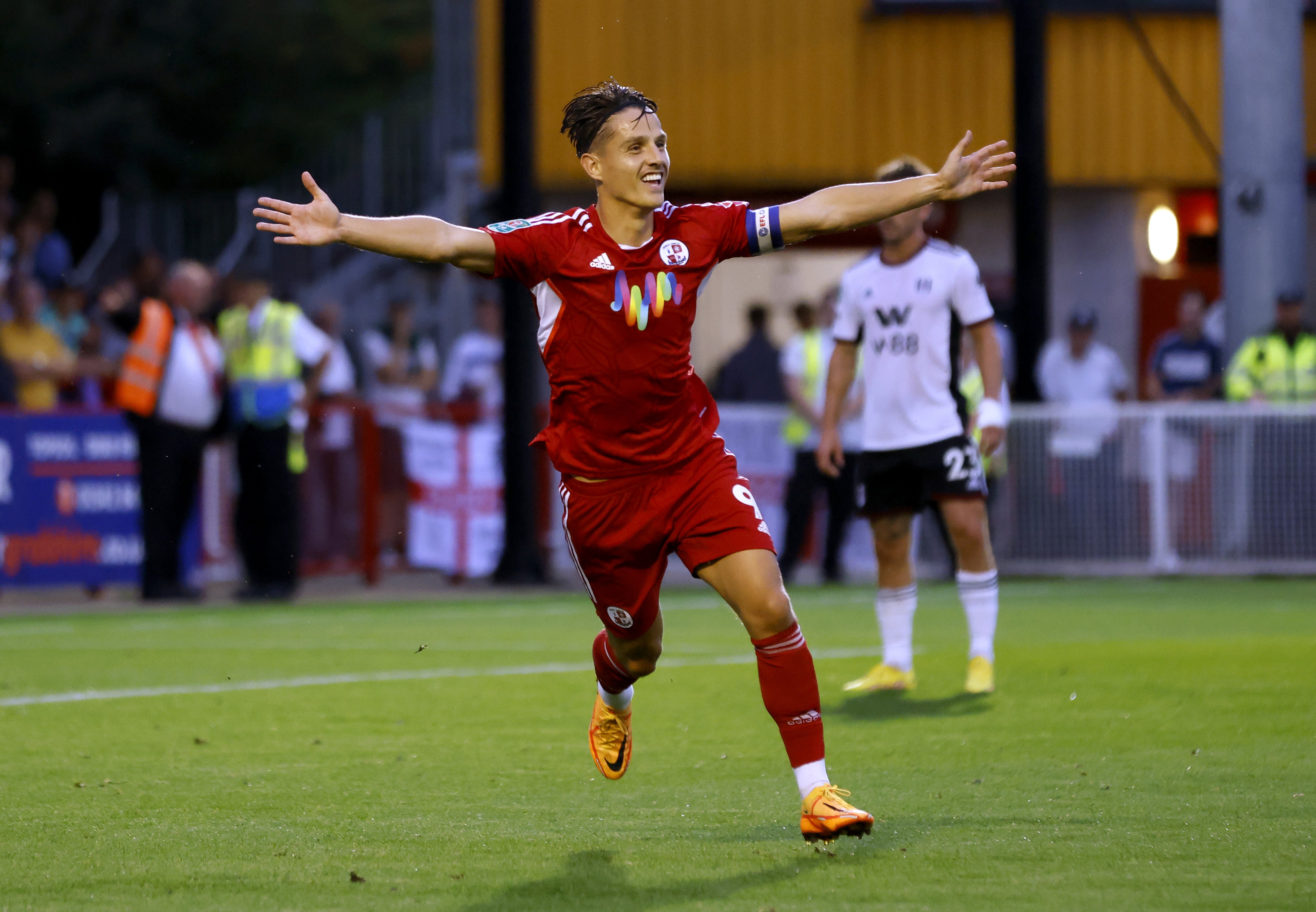 Crawley Town’s Tom Nichols celebrates his Carabao Cup goal for Crawley (Steven Paston/PA)