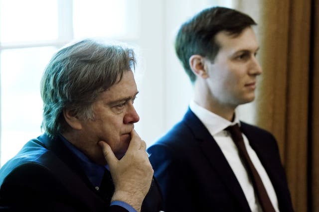 <p>Steve Bannon and Jared Kushner at the White House in 2017</p>