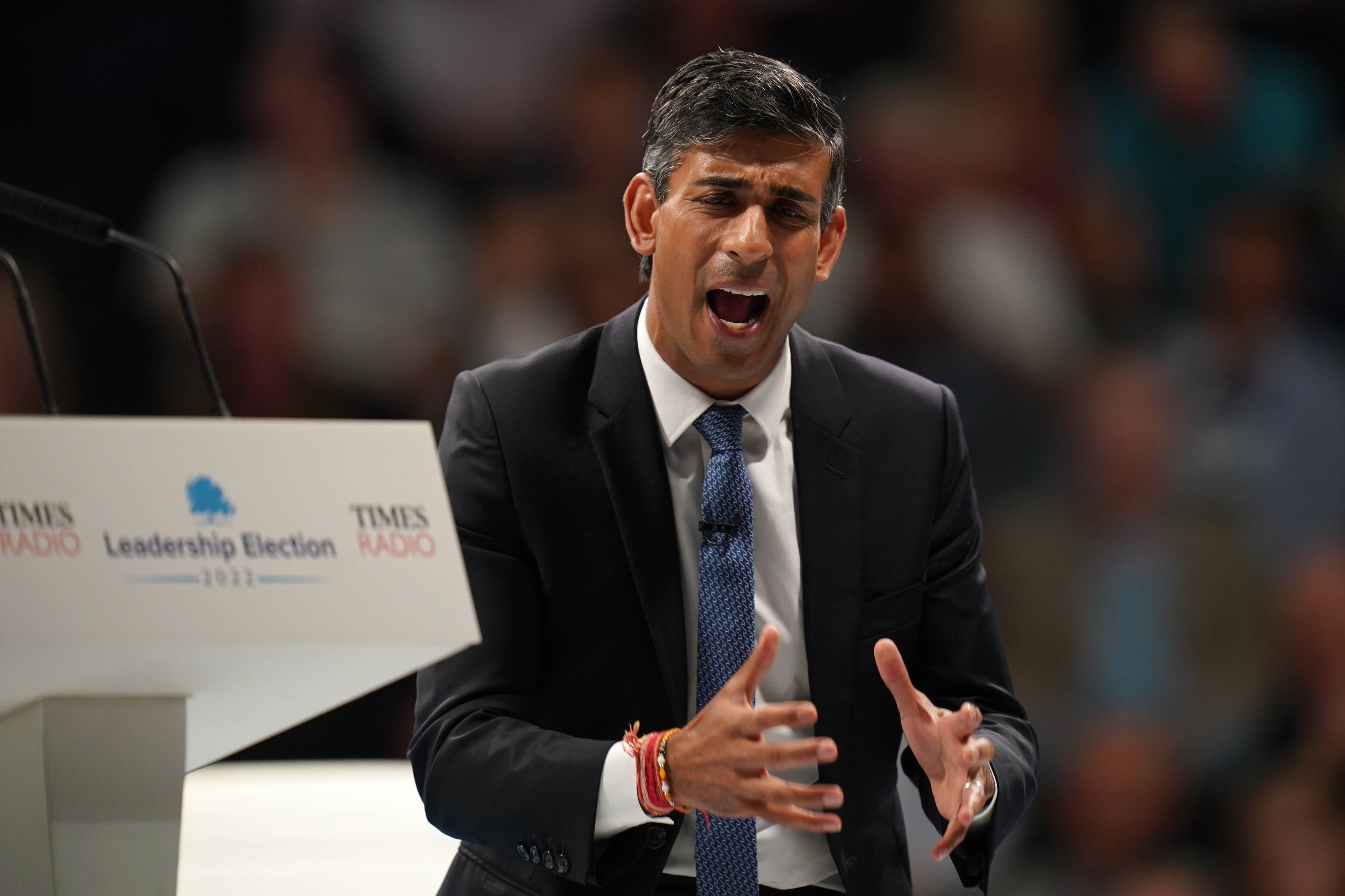 Rishi Sunak speaking during a hustings event at the NEC in Birmingham as part of his campaign to be leader of the Conservative Party and the next prime minister (Jacob King/PA)