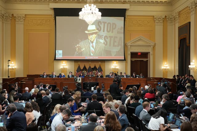 <p>An image of Roger Stone is shown on a screen during the seventh hearing held by the Select Committee to investigate the January  6 attack on the US Capitol in the Cannon House Office Building in Washington, DC</p>