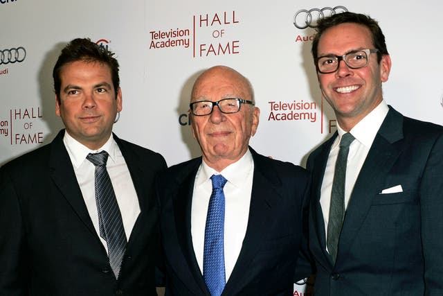 <p>File photo: News Corp executive chairman Rupert Murdoch (centre) and his sons, Lachlan (left) and James Murdoch</p>
