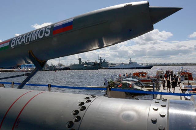 <p>File: A Brahmos supersonic cruise missile is on display at the International Maritime Defence Show in Saint Petersburg </p>