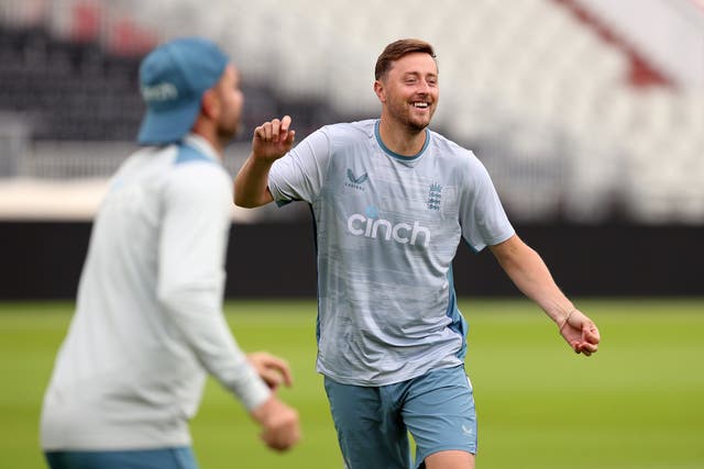<p>England’s Ollie Robinson during a nets session at Emirates Old Trafford (Nigel French/PA Images).</p>