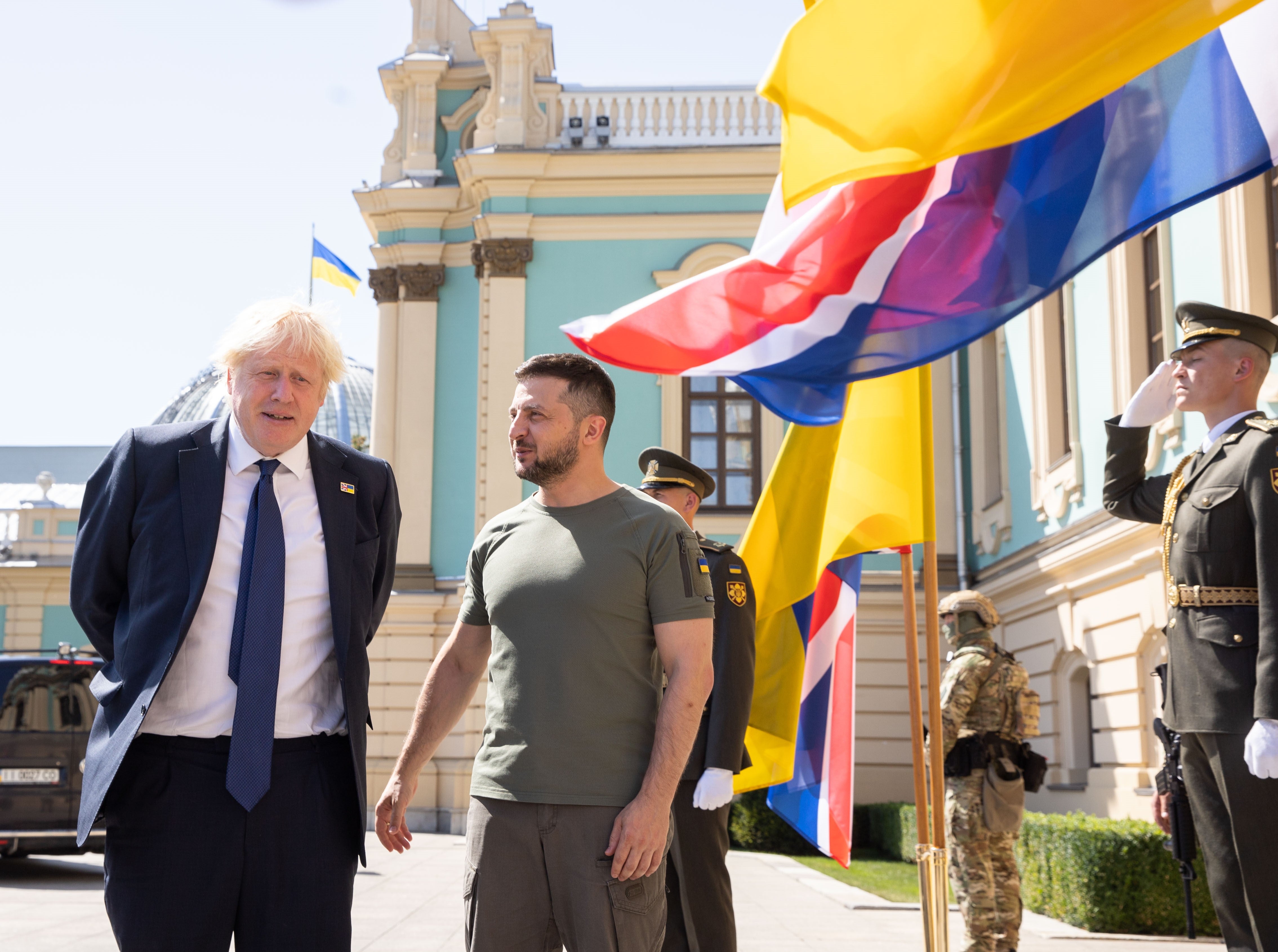 Handout photo issued by the Ukrainian Presidential Press Office of Ukrainian President Volodymyr Zelensky (right) meeting Prime Minister Boris Johnson, who has made a surprise visit to Volodymyr Zelensky in Kyiv in support of Ukraine as it marks 31 years of independence from the Soviet Union. Picture date: Wednesday August 24, 2022.