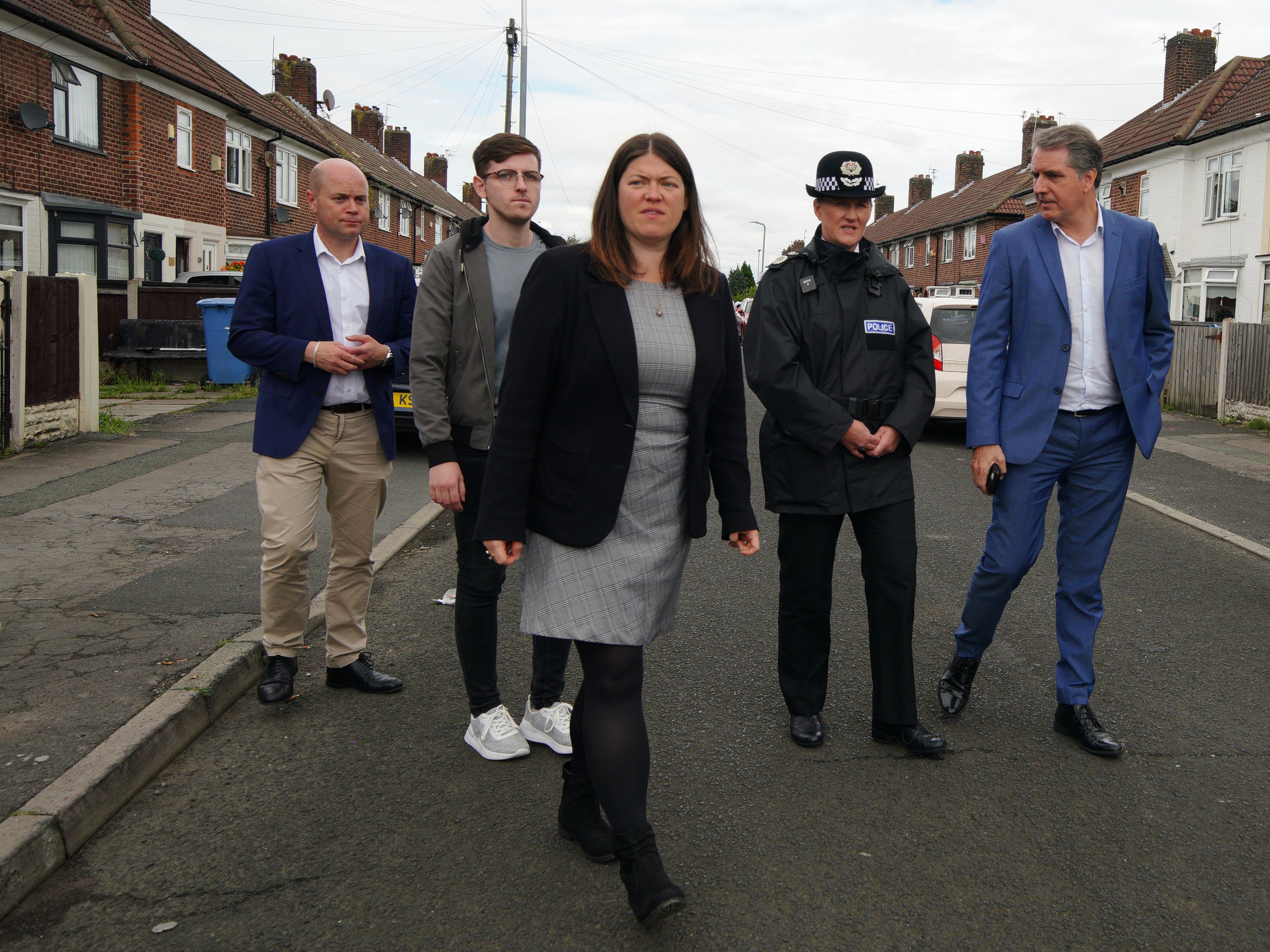 Chief Constable Serena Kennedy from Merseyside Police, with Metro Mayor Steve Rotheram and Merseyside Police and Crime Commissioner Emily Spurrell in Kingsheath Avenue, Knotty Ash, Liverpool, where nine-year-old Olivia Pratt-Korbel was fatally shot on Monday night (Peter Byrne/PA)
