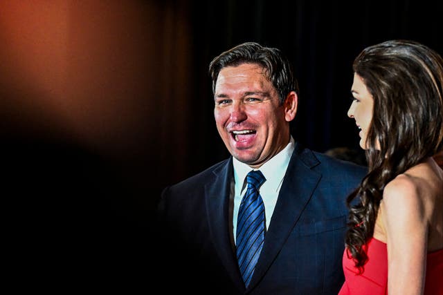 <p>Florida Governor Ron DeSantis speaking at an election event on Tuesday</p>