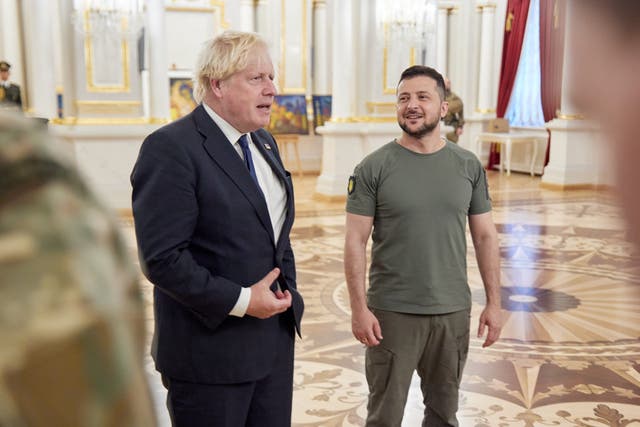 Ukrainian President Volodymyr Zelensky, right, with Prime Minister Boris Johnson, who has made a surprise visit to Kyiv (Ukrainian Presidential Press Office/PA)