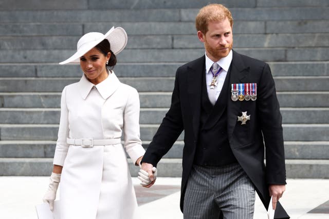 The Duke and Duchess of Sussex leaving following the National Service of Thanksgiving at St Paul’s Cathedral, London, on day two of the Platinum Jubilee celebrations for Queen Elizabeth II (Henry Nicholls/PA)