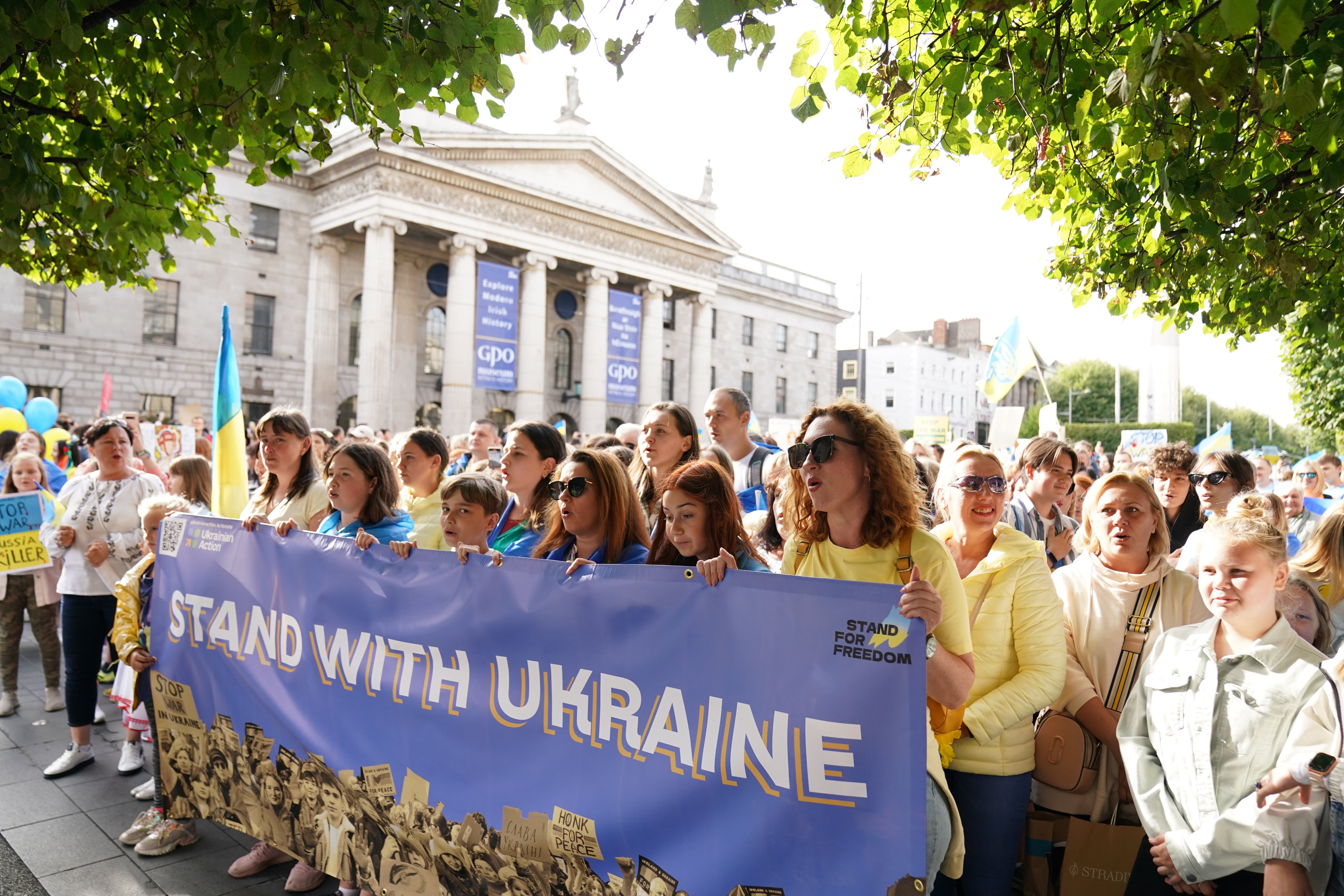 People gather for a Ukraine independence rally in Dublin during Ukrainian Independence Day, and six months since Russia’s invasion of Ukraine (Brian Lawless/PA)