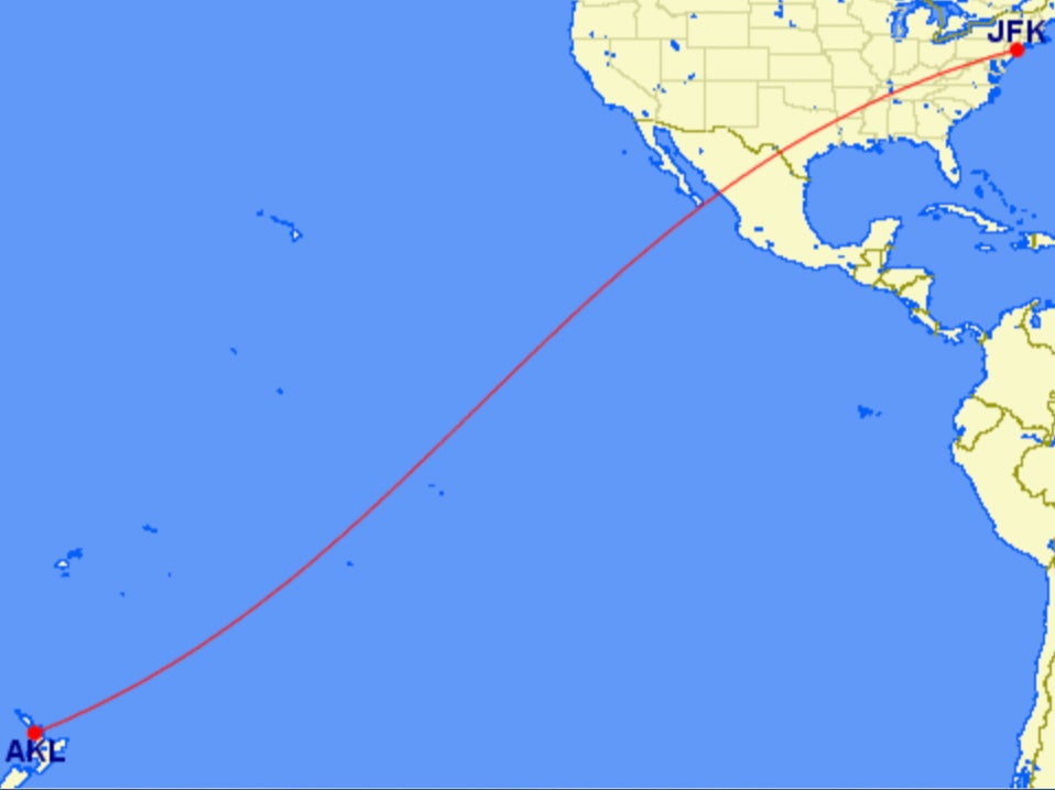 Long haul: the most direct flight track between Auckland (AKL) and New York JFK airports