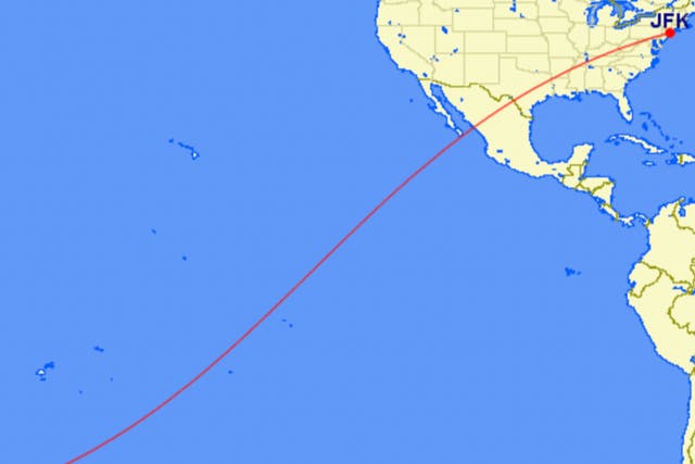<p>Long haul: the most direct flight track between Auckland (AKL) and New York JFK airports</p>