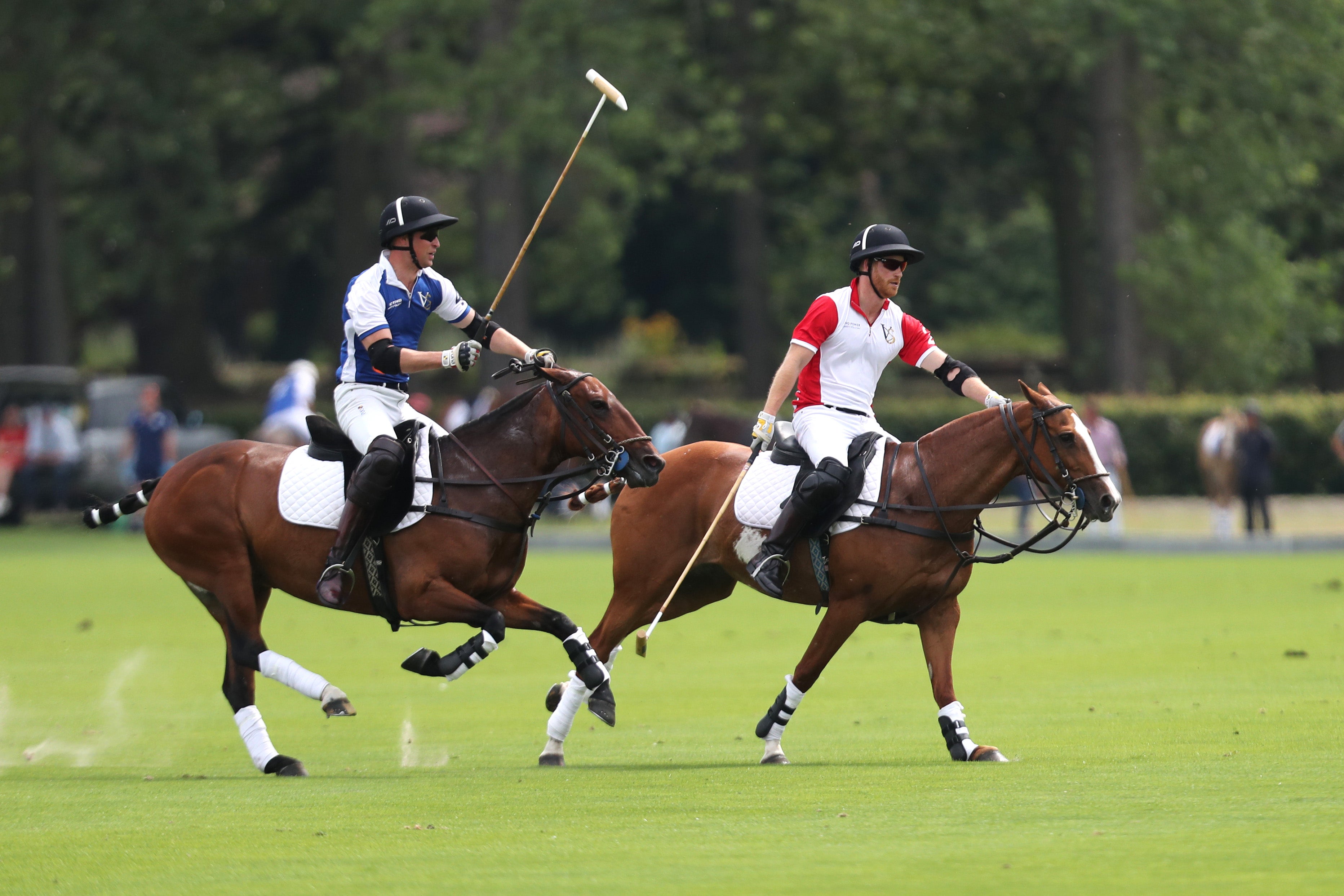 Prince William and Prince Harry compete during the King Power Royal Charity Polo Day for the Vichai Srivaddhanaprabha Memorial Trophy in 2019