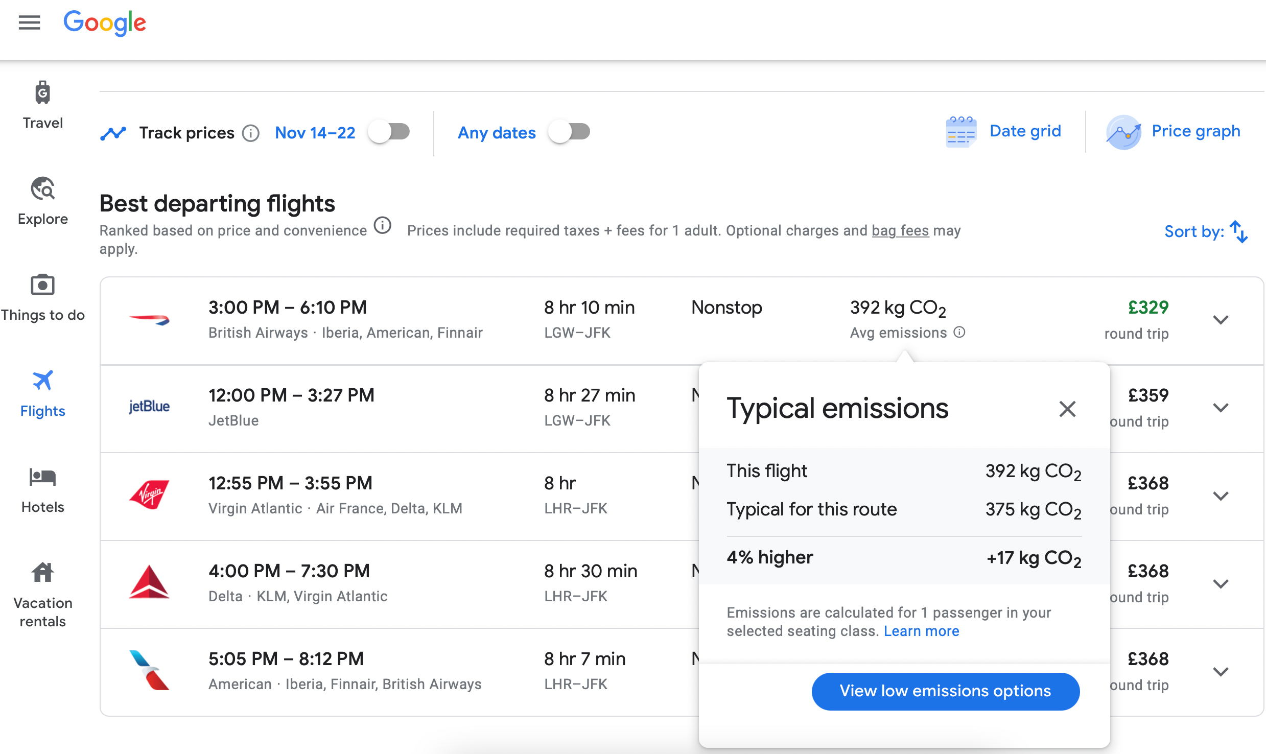 Google showing typical CO2 emissions of a flight from London to New York