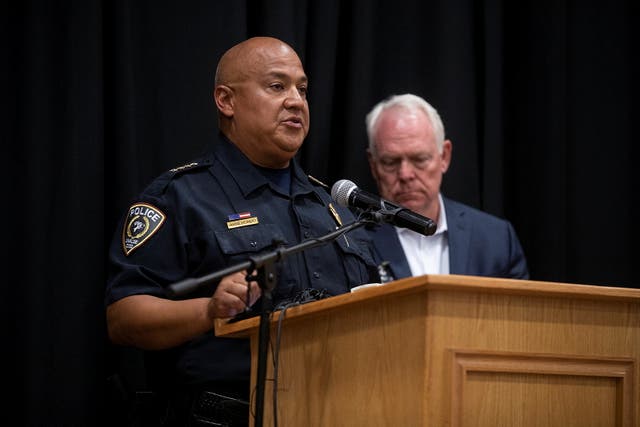<p>Former Uvalde school police chief Pete Arredondo speaking at a press conference </p>